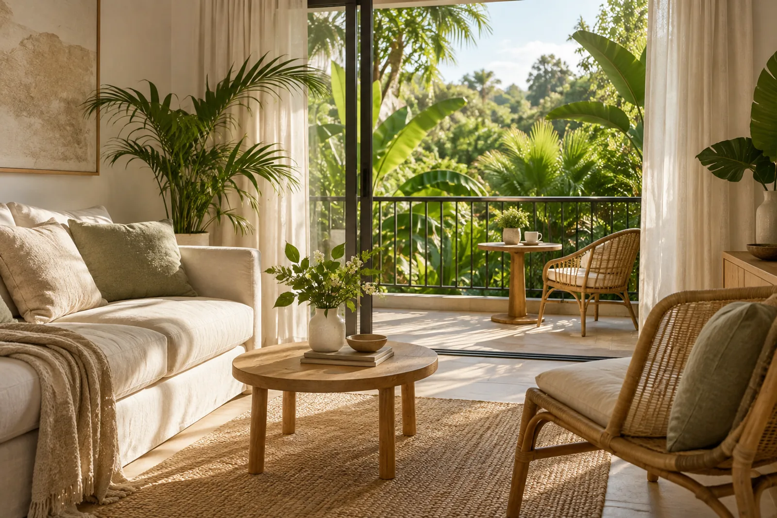 AI-generated mood: a compact cream living room opening onto a tropical balcony.