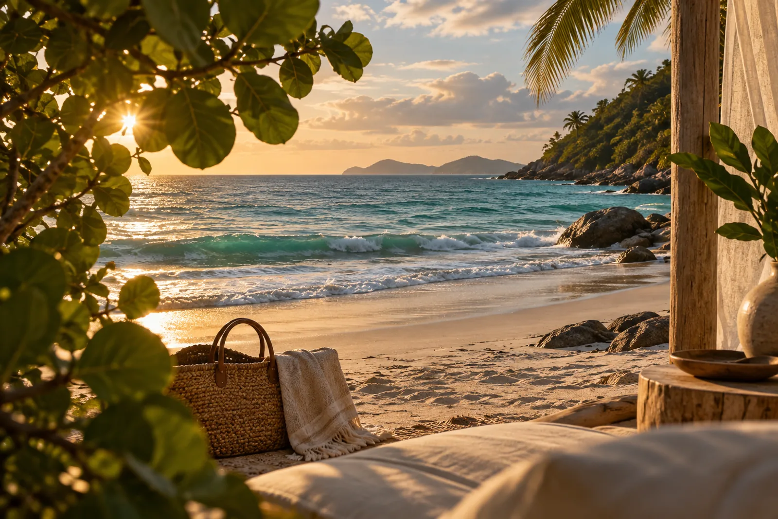 AI-generated mood: a fictional tropical shoreline framed by sea-grape leaves.