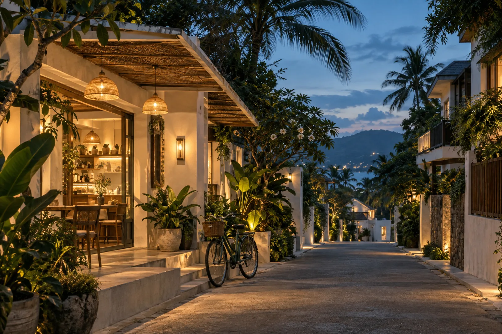 AI-generated mood: a fictional leafy tropical neighborhood lane with a cafe and bicycle.
