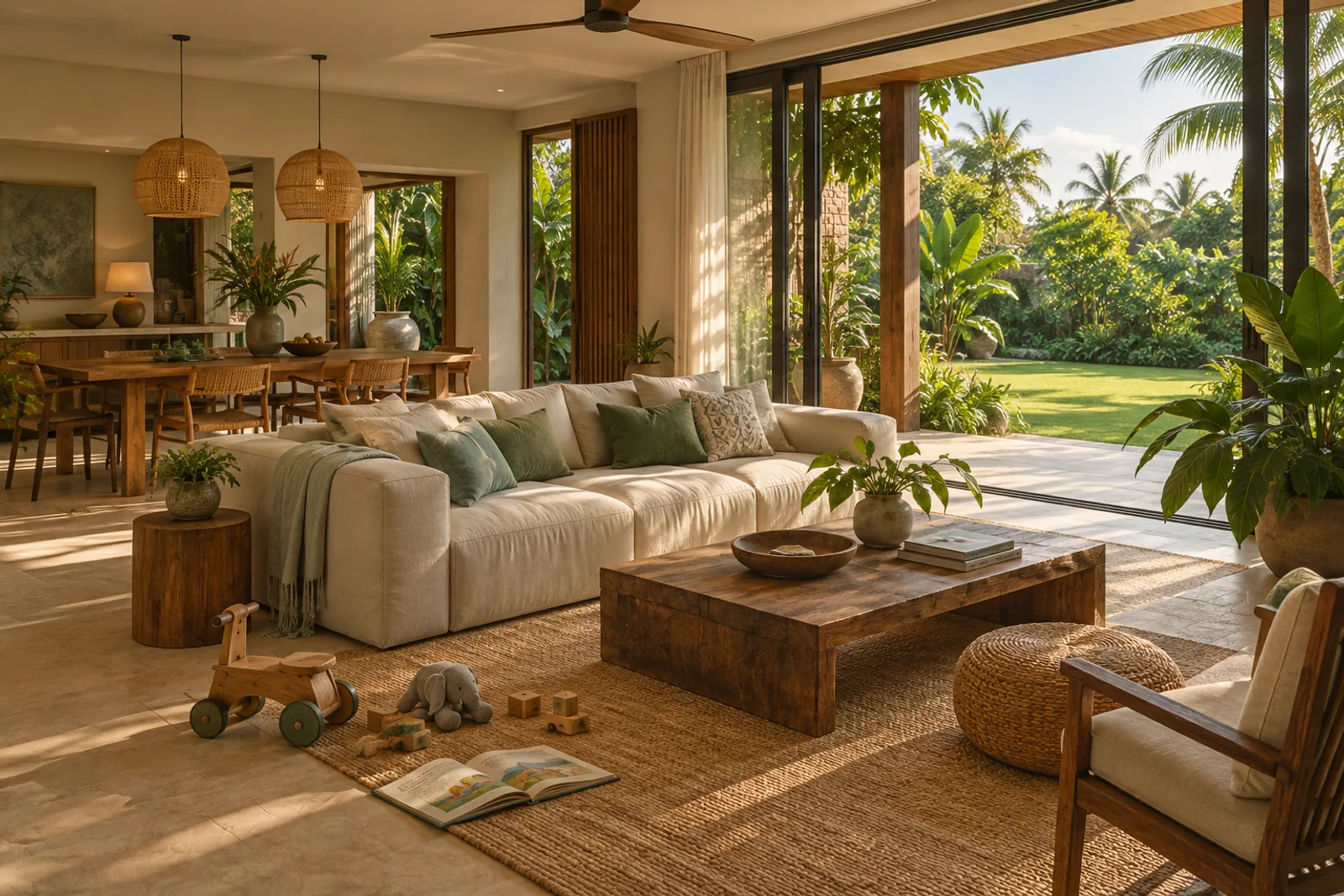 AI-generated mood: a generous family living room opening onto greenery.