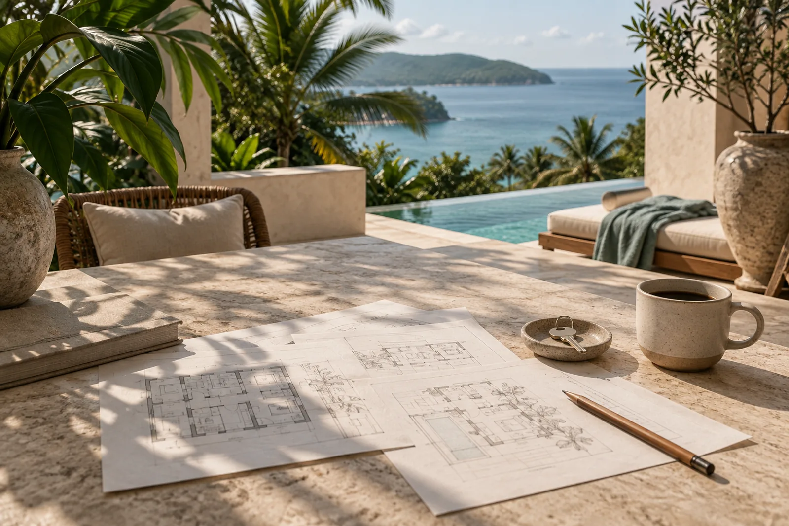 AI-generated mood: architectural papers, a key and coffee on a shaded tropical terrace table.