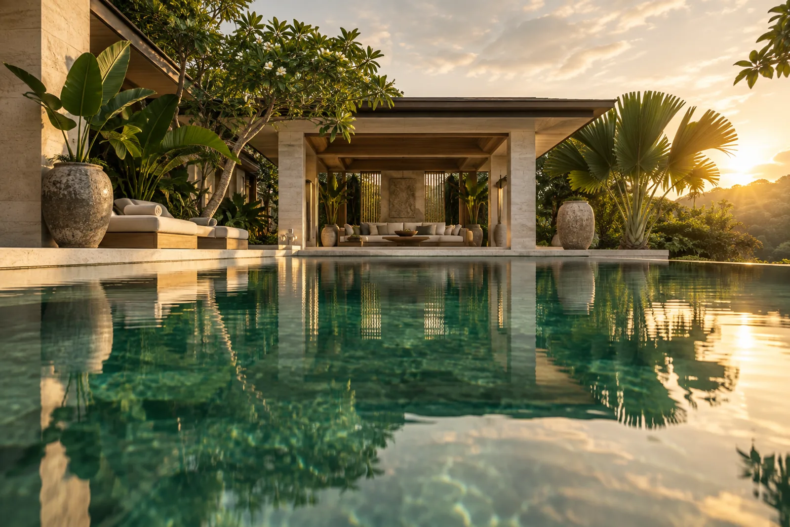 AI-generated mood: a fictional cream pavilion and private emerald pool at golden hour.