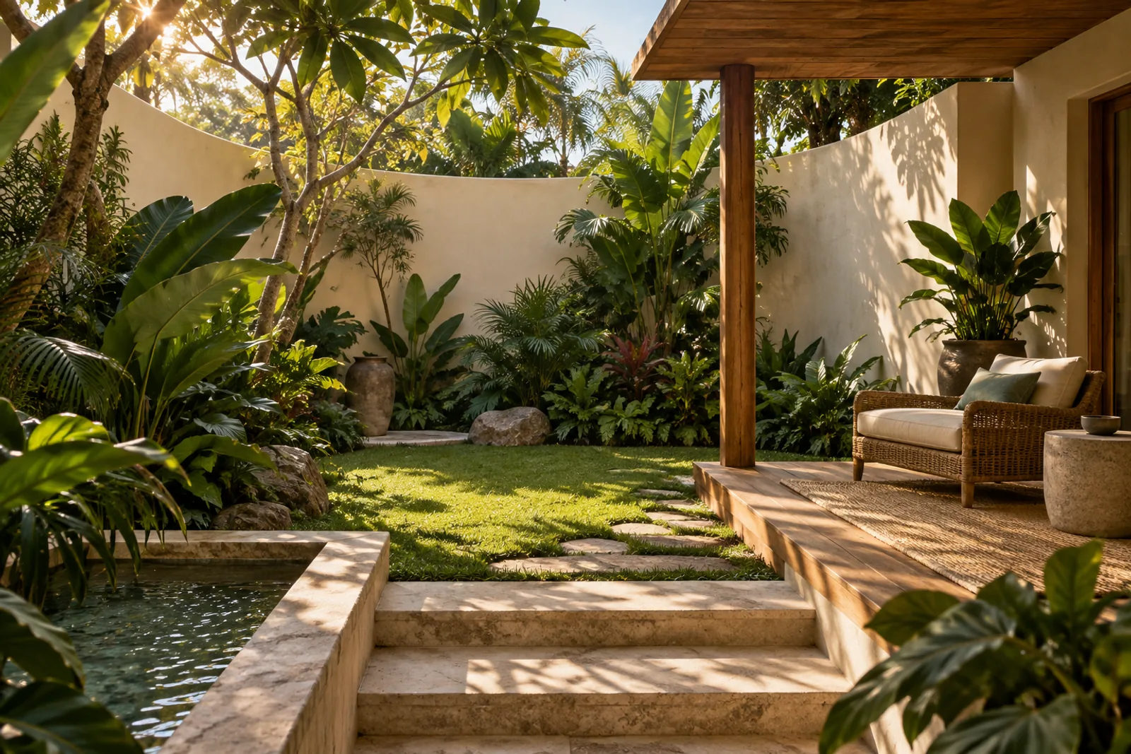 AI-generated mood: an enclosed tropical courtyard with a small lawn and shaded terrace.