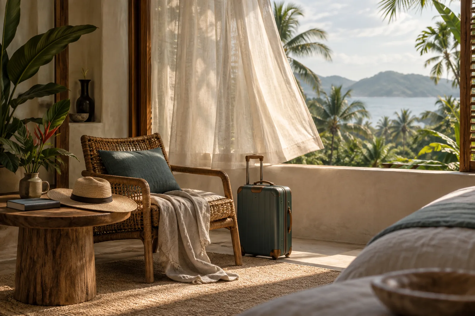 AI-generated mood: linen curtains, a suitcase and a woven chair in a tropical room.