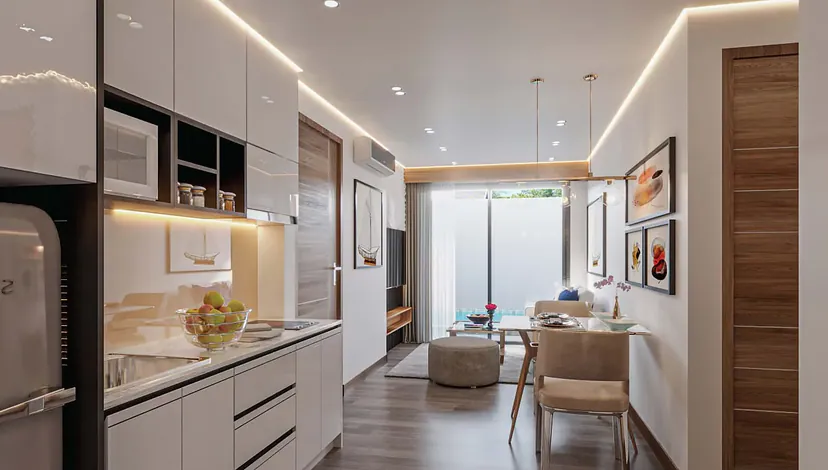 Wekata 3 — Kitchen and living room. Architectural visualization.