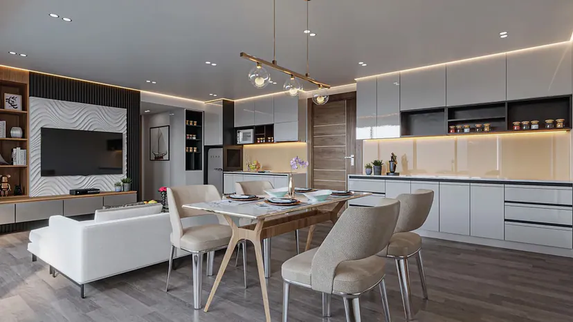 Wekata 3 — Living and dining room. Architectural visualization.